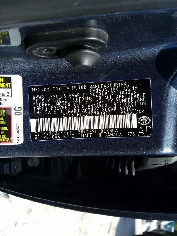 Photo 9 VIN: 2T1BURHE3FC363926 - TOYOTA COROLLA L 