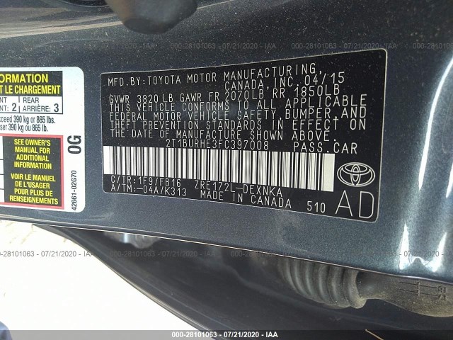 Photo 8 VIN: 2T1BURHE3FC397008 - TOYOTA COROLLA 