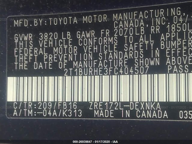 Photo 8 VIN: 2T1BURHE3FC404507 - TOYOTA COROLLA 