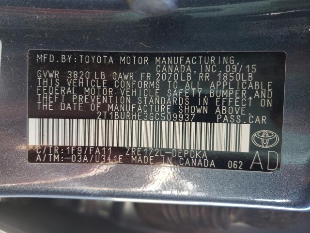 Photo 9 VIN: 2T1BURHE3GC509937 - TOYOTA COROLLA L 