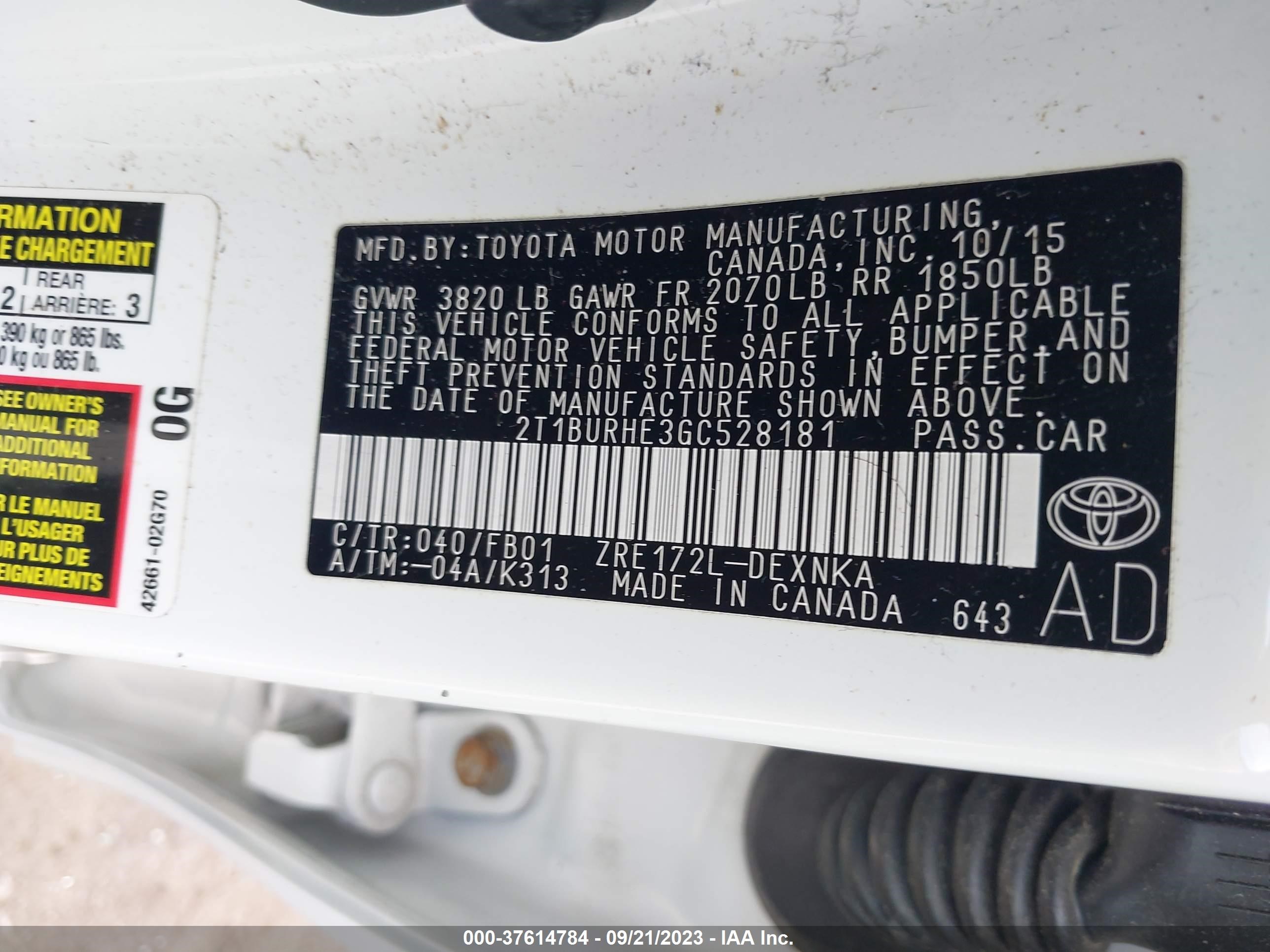 Photo 8 VIN: 2T1BURHE3GC528181 - TOYOTA COROLLA 