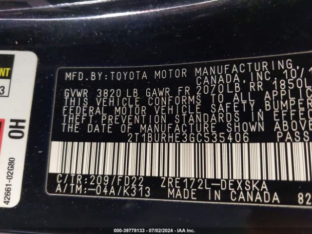 Photo 8 VIN: 2T1BURHE3GC535406 - TOYOTA COROLLA 