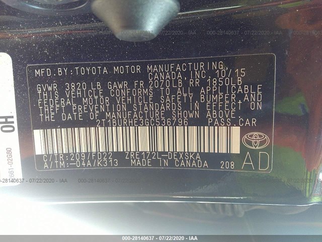 Photo 8 VIN: 2T1BURHE3GC536796 - TOYOTA COROLLA 