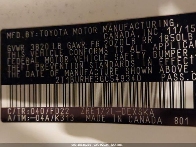 Photo 8 VIN: 2T1BURHE3GC549340 - TOYOTA COROLLA 