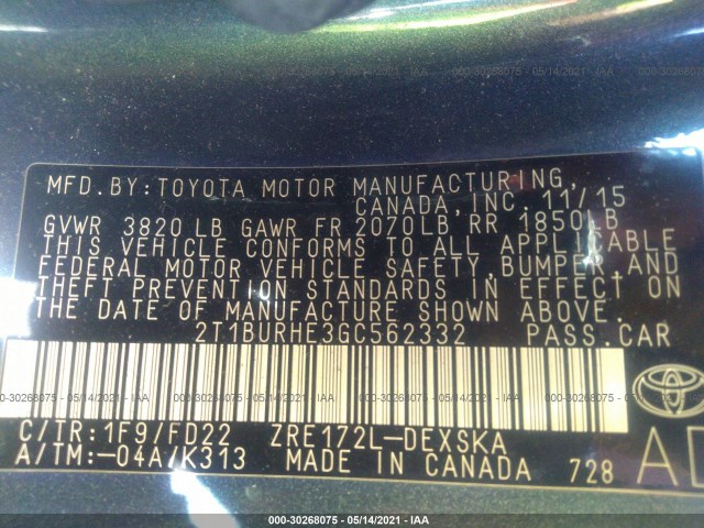 Photo 8 VIN: 2T1BURHE3GC562332 - TOYOTA COROLLA 