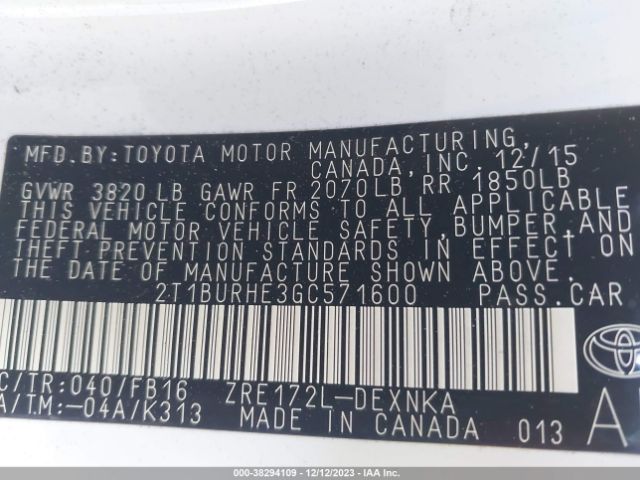 Photo 8 VIN: 2T1BURHE3GC571600 - TOYOTA COROLLA 