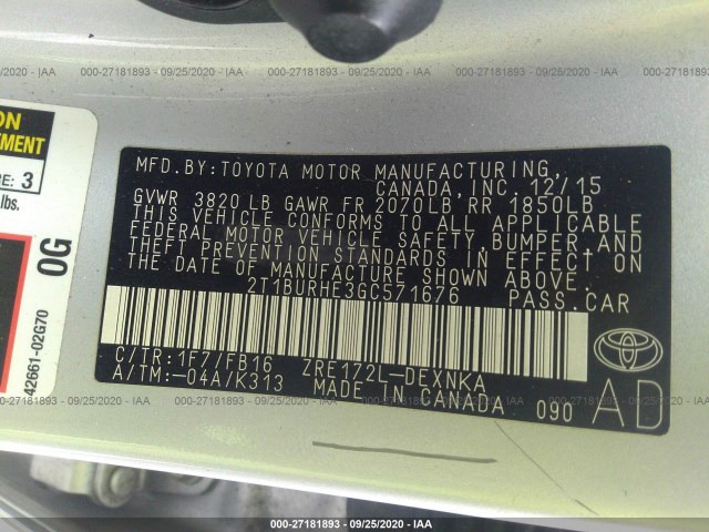 Photo 8 VIN: 2T1BURHE3GC571676 - TOYOTA COROLLA 