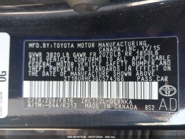 Photo 8 VIN: 2T1BURHE3GC574366 - TOYOTA COROLLA 