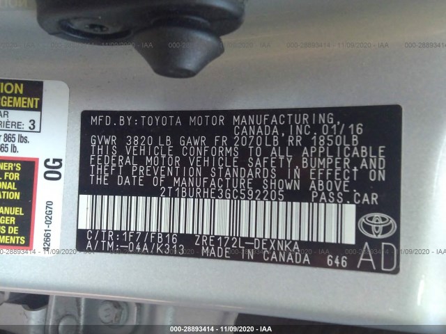 Photo 8 VIN: 2T1BURHE3GC592205 - TOYOTA COROLLA 