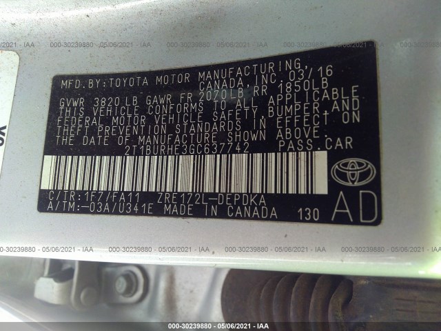 Photo 8 VIN: 2T1BURHE3GC637742 - TOYOTA COROLLA 