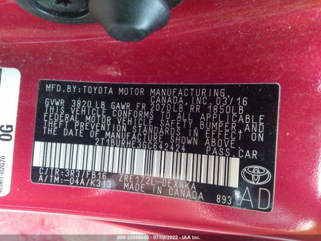 Photo 8 VIN: 2T1BURHE3GC642424 - TOYOTA COROLLA 