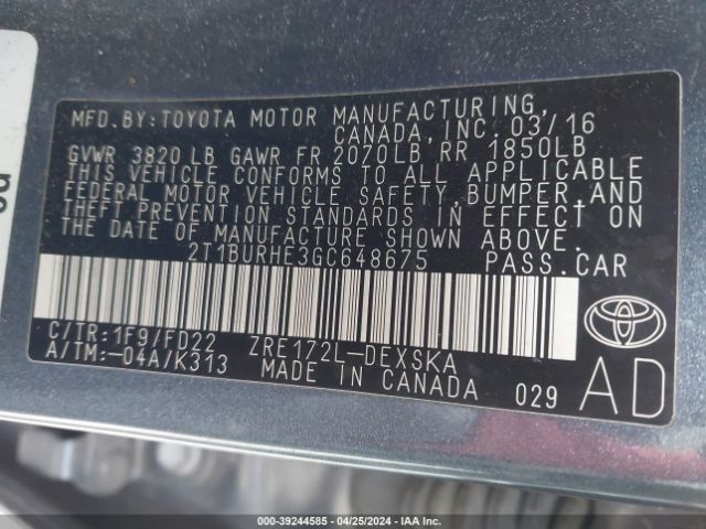 Photo 8 VIN: 2T1BURHE3GC648675 - TOYOTA COROLLA 