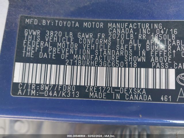 Photo 8 VIN: 2T1BURHE3GC650118 - TOYOTA COROLLA 