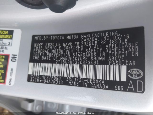 Photo 8 VIN: 2T1BURHE3GC673494 - TOYOTA COROLLA 