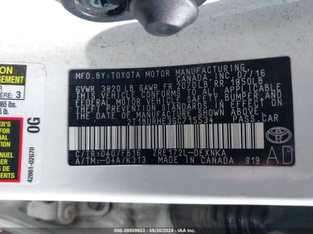 Photo 8 VIN: 2T1BURHE3GC715534 - TOYOTA COROLLA 