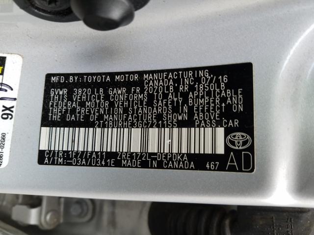 Photo 9 VIN: 2T1BURHE3GC721155 - TOYOTA COROLLA L 