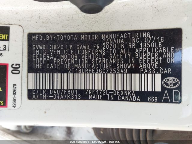 Photo 8 VIN: 2T1BURHE3GC725349 - TOYOTA COROLLA 