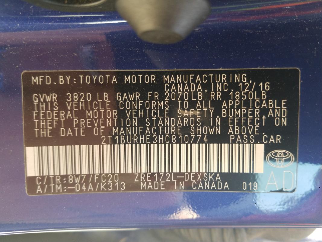 Photo 9 VIN: 2T1BURHE3HC810774 - TOYOTA COROLLA L 