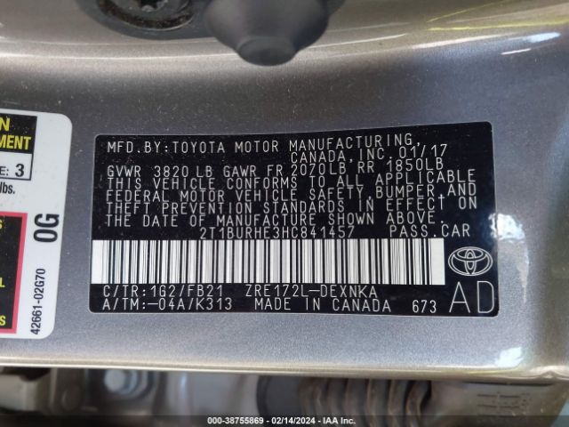 Photo 8 VIN: 2T1BURHE3HC841457 - TOYOTA COROLLA 