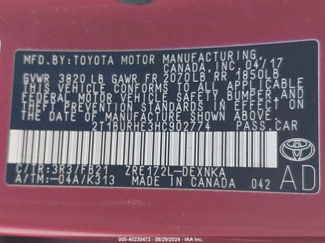 Photo 8 VIN: 2T1BURHE3HC902774 - TOYOTA COROLLA 