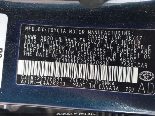 Photo 8 VIN: 2T1BURHE3HC930638 - TOYOTA COROLLA 