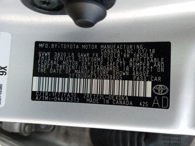 Photo 9 VIN: 2T1BURHE3JC039805 - TOYOTA COROLLA L 