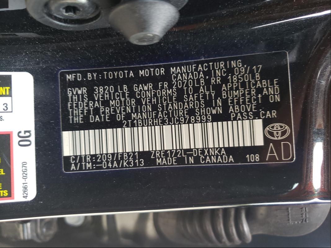 Photo 9 VIN: 2T1BURHE3JC978999 - TOYOTA COROLLA L 