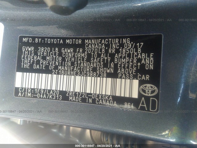 Photo 8 VIN: 2T1BURHE3JC988738 - TOYOTA COROLLA 