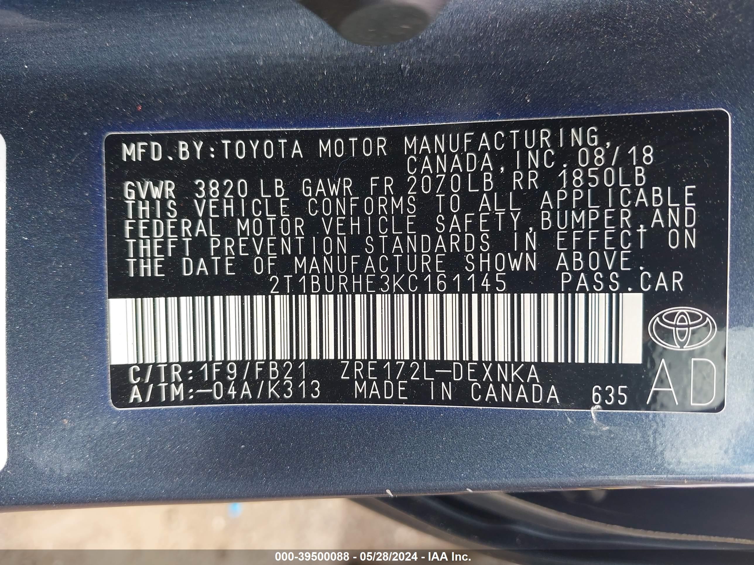 Photo 8 VIN: 2T1BURHE3KC161145 - TOYOTA COROLLA 