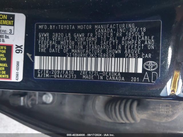 Photo 8 VIN: 2T1BURHE3KC168693 - TOYOTA COROLLA 