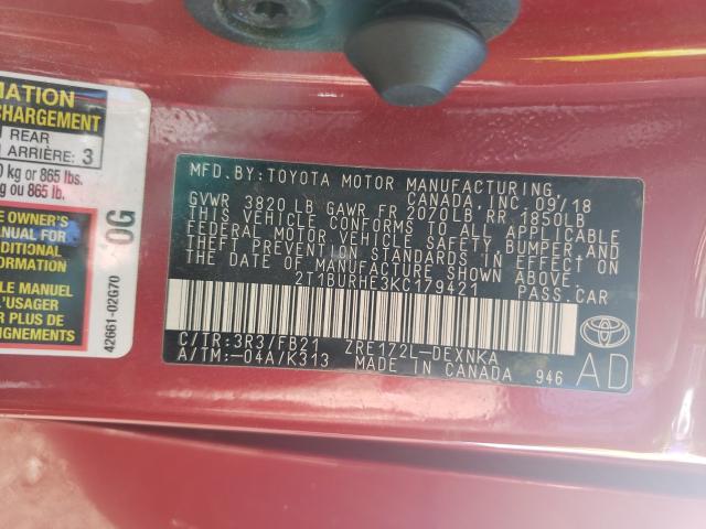 Photo 9 VIN: 2T1BURHE3KC179421 - TOYOTA COROLLA L 