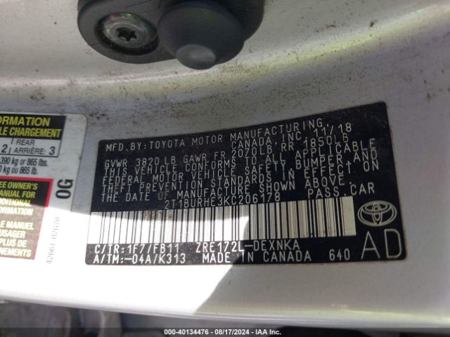 Photo 8 VIN: 2T1BURHE3KC206178 - TOYOTA COROLLA 