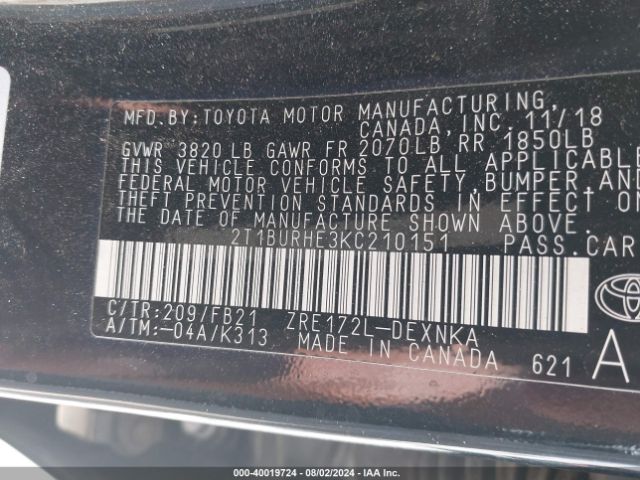 Photo 8 VIN: 2T1BURHE3KC210151 - TOYOTA COROLLA 