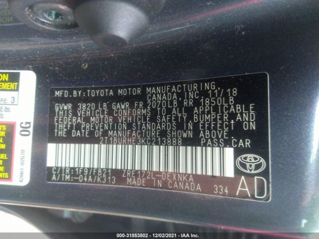 Photo 8 VIN: 2T1BURHE3KC213888 - TOYOTA COROLLA 