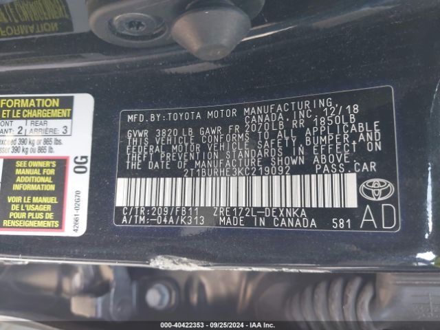 Photo 8 VIN: 2T1BURHE3KC219092 - TOYOTA COROLLA 