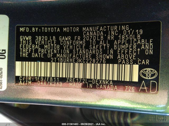 Photo 8 VIN: 2T1BURHE3KC228276 - TOYOTA COROLLA 