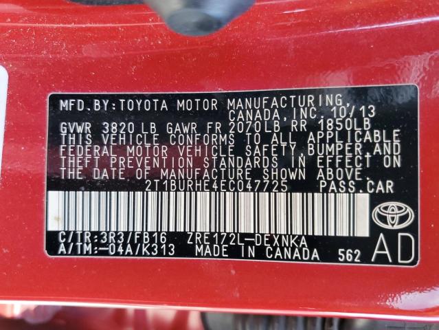 Photo 9 VIN: 2T1BURHE4EC047725 - TOYOTA COROLLA L 