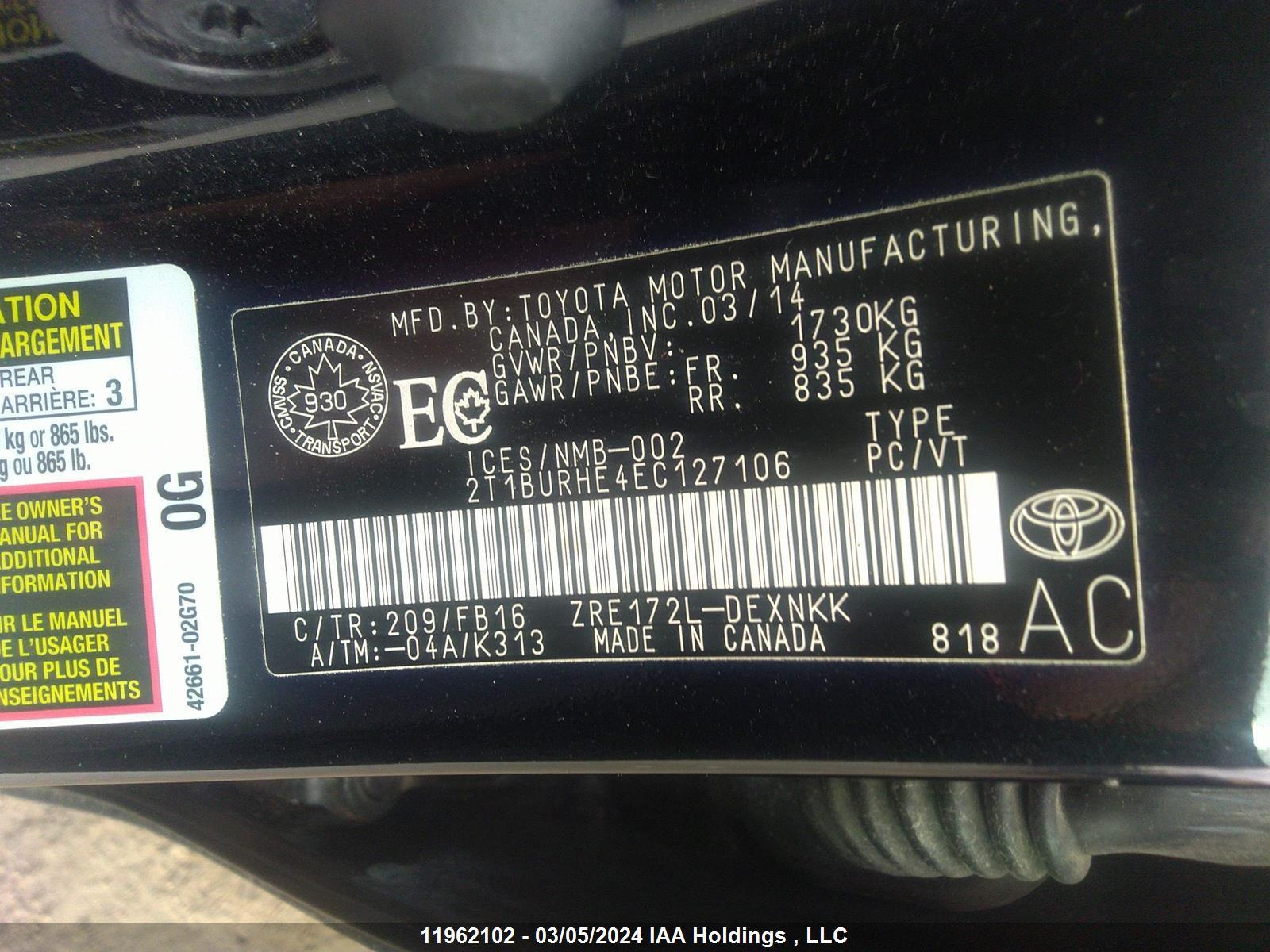 Photo 8 VIN: 2T1BURHE4EC127106 - TOYOTA COROLLA 