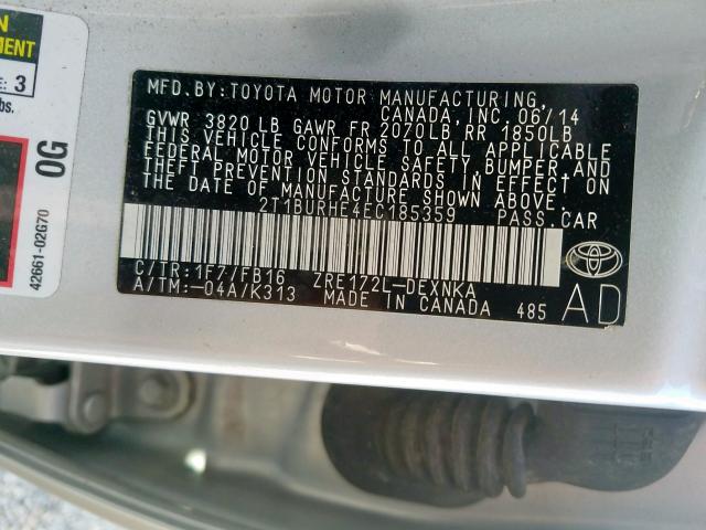 Photo 9 VIN: 2T1BURHE4EC185359 - TOYOTA COROLLA L 