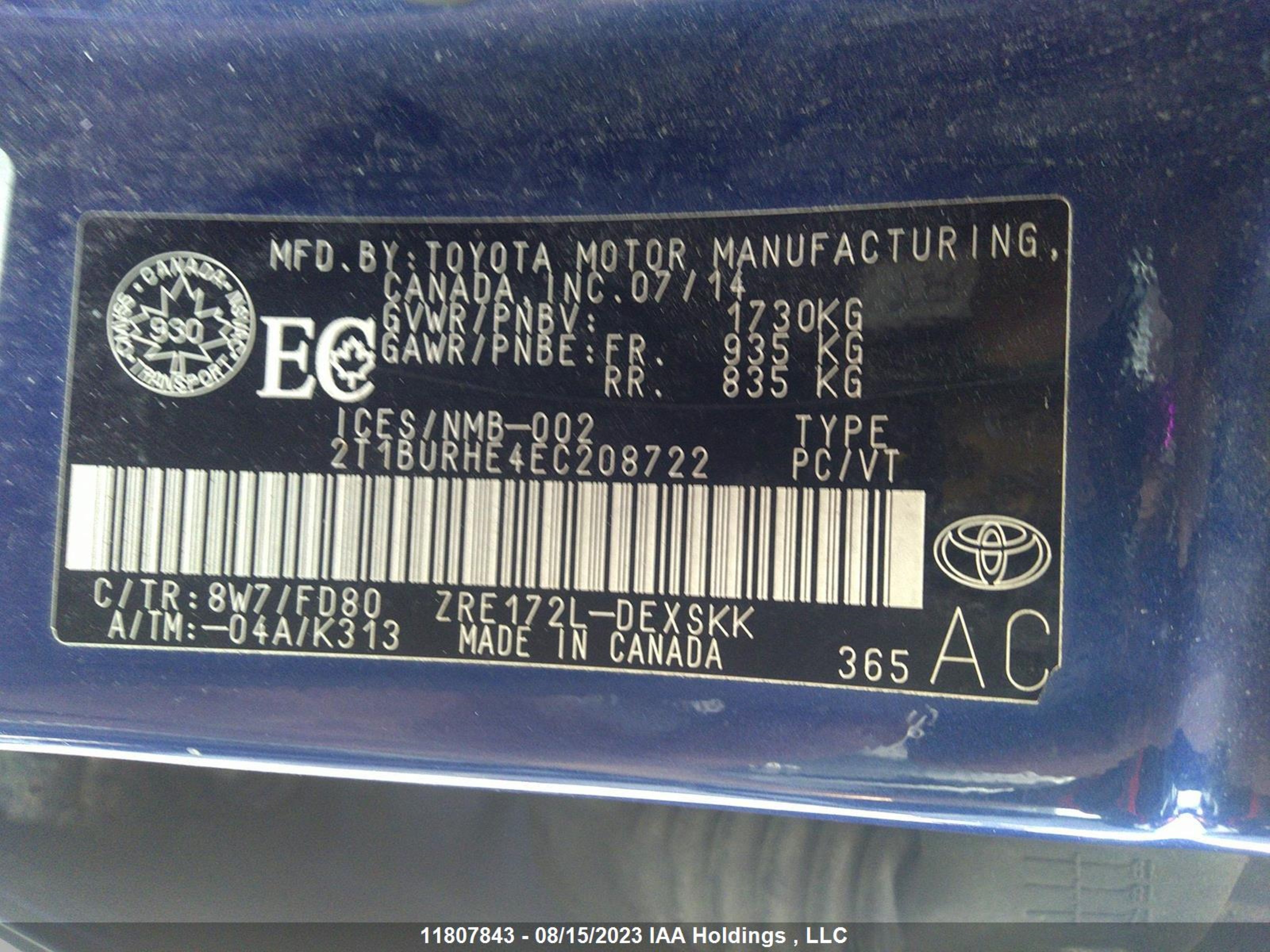 Photo 8 VIN: 2T1BURHE4EC208722 - TOYOTA COROLLA 