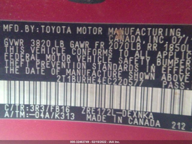 Photo 8 VIN: 2T1BURHE4EC220577 - TOYOTA COROLLA 