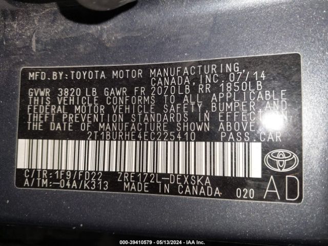 Photo 8 VIN: 2T1BURHE4EC225410 - TOYOTA COROLLA 