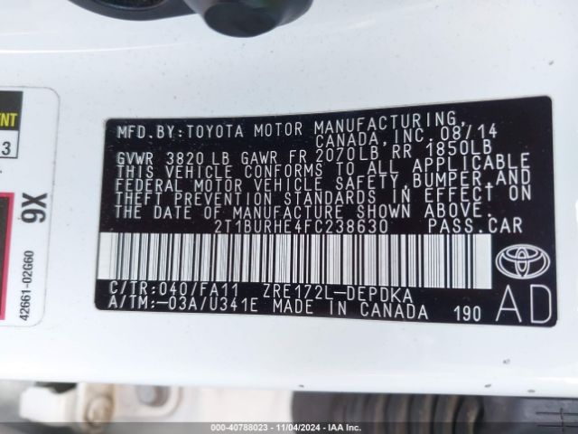 Photo 8 VIN: 2T1BURHE4FC238630 - TOYOTA COROLLA 