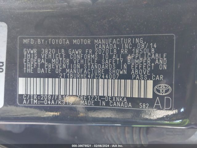 Photo 8 VIN: 2T1BURHE4FC244007 - TOYOTA COROLLA 