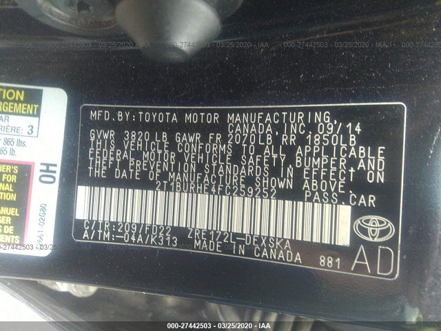 Photo 8 VIN: 2T1BURHE4FC259252 - TOYOTA COROLLA 