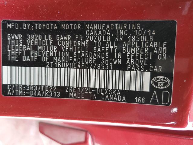 Photo 11 VIN: 2T1BURHE4FC278531 - TOYOTA COROLLA L 