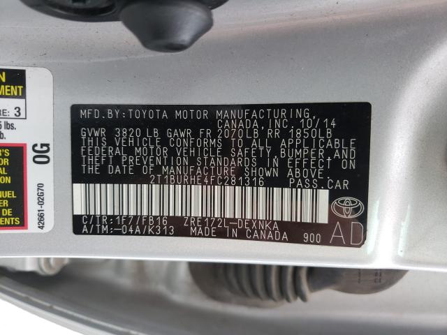 Photo 9 VIN: 2T1BURHE4FC281316 - TOYOTA COROLLA L 