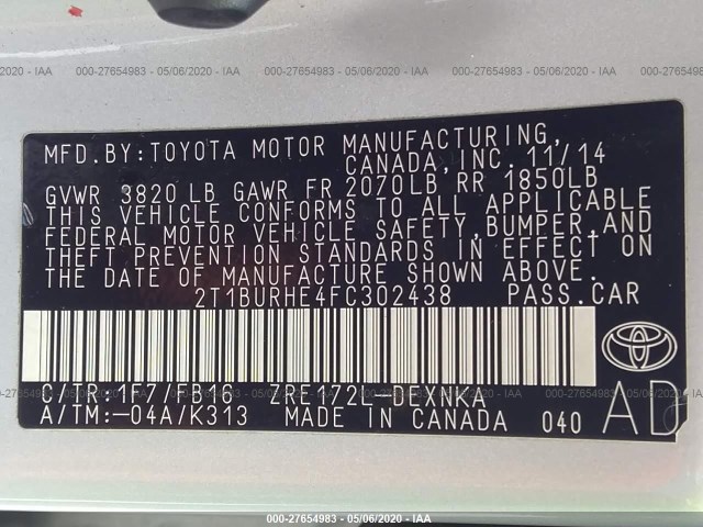 Photo 8 VIN: 2T1BURHE4FC302438 - TOYOTA COROLLA 