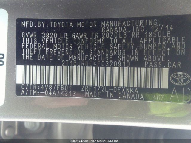 Photo 8 VIN: 2T1BURHE4FC320910 - TOYOTA COROLLA 