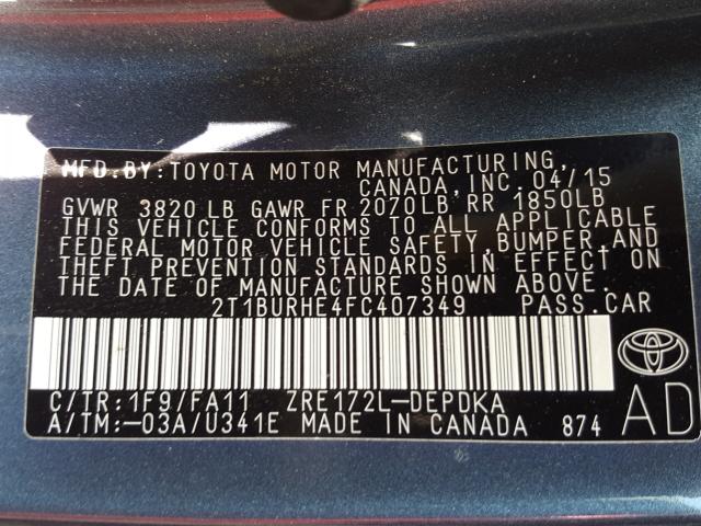 Photo 9 VIN: 2T1BURHE4FC407349 - TOYOTA COROLLA L 